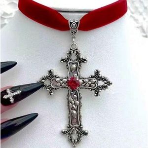 Vintage Style Victorian Regency Goth Red Velvet Silver Brushed Cross Pendant Cho